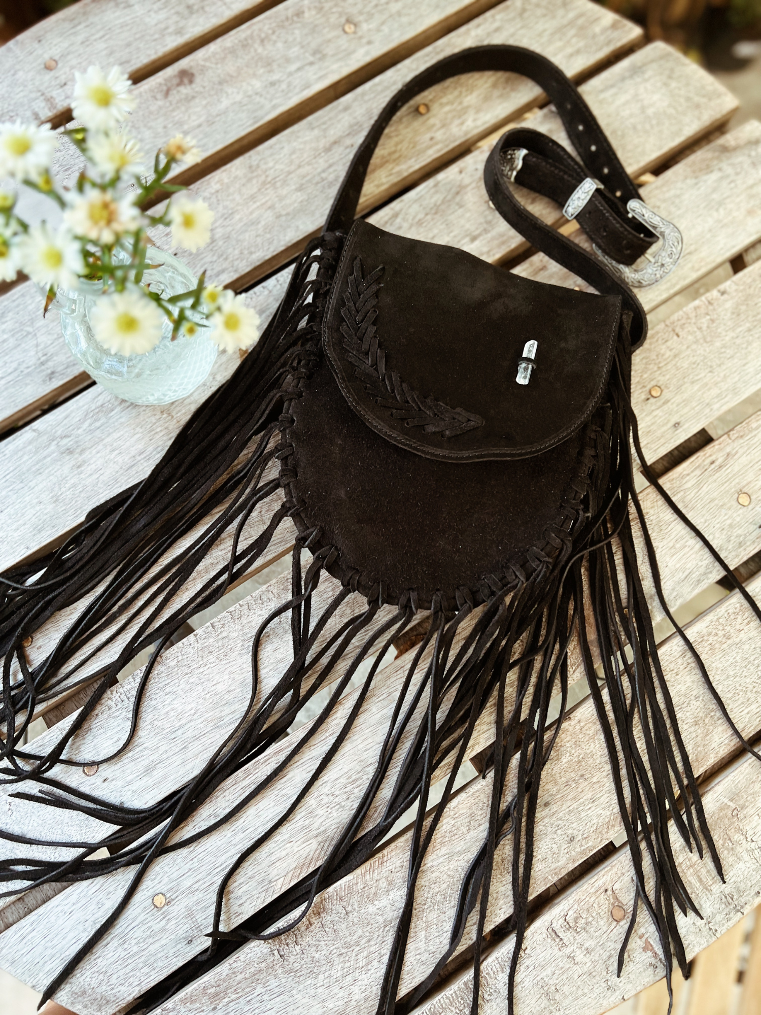 Borealis Bolsa de Gamuza con Cuarzo y flecos